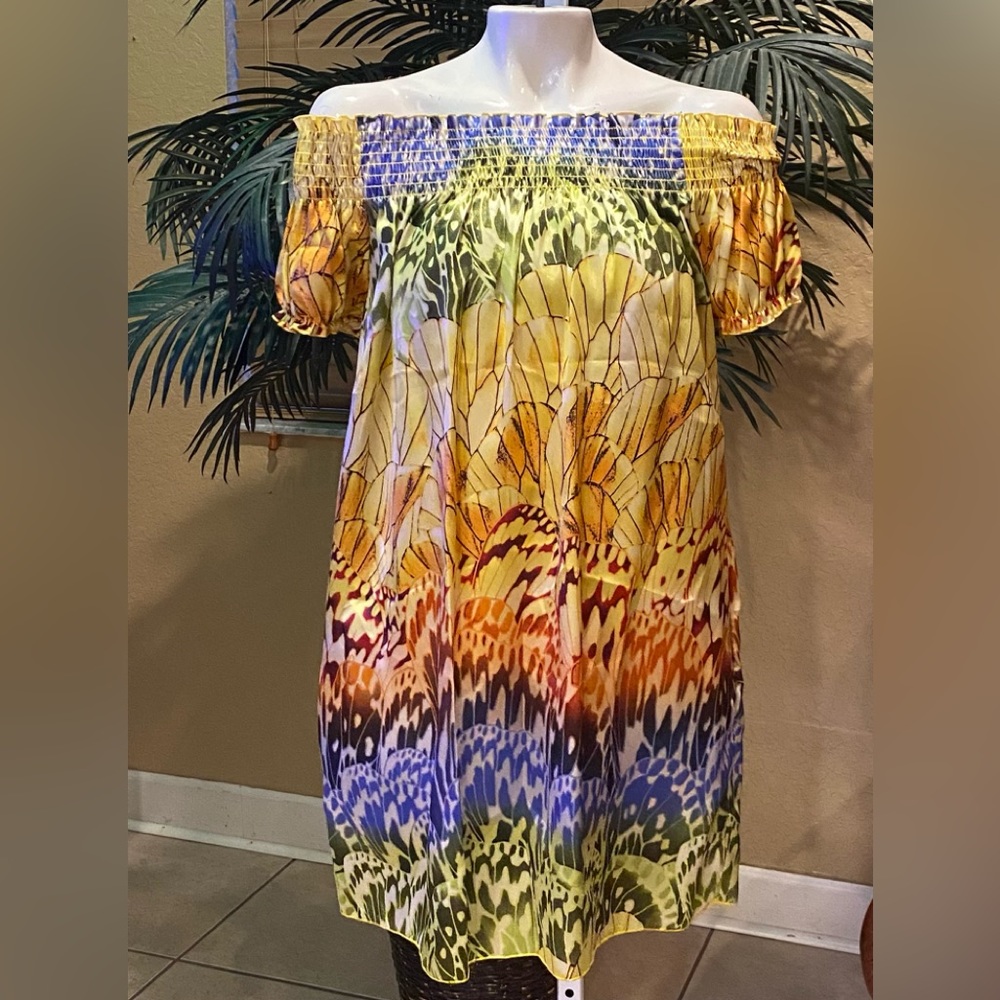 Nikki Danielle butterfly print off shoulder short dress double side pockets